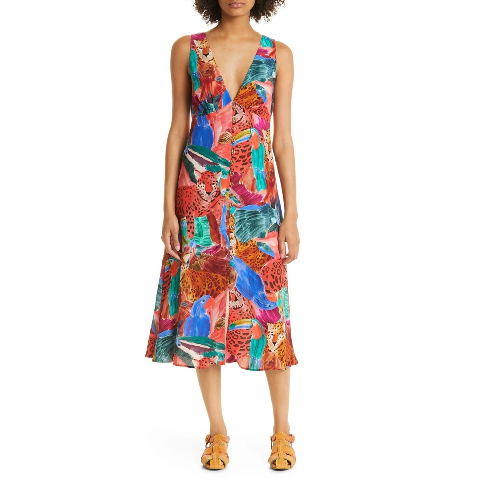 Farm Rio Jungle Animals Button Front Midi Dress Tropical Leopard Toucan Sloth - Picture 4 of 13
